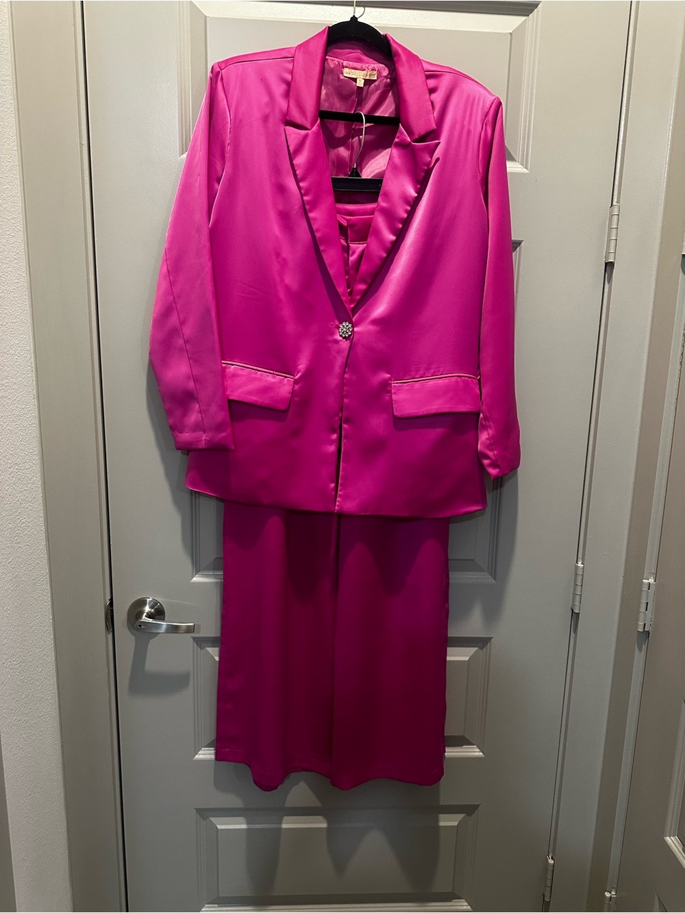 Hot Pink Satin Two-Piece Blazer and Skirt Set